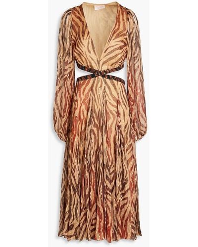 Rococo Sand Cutout Metallic Fil Coupé Voile Midi Dress - Brown