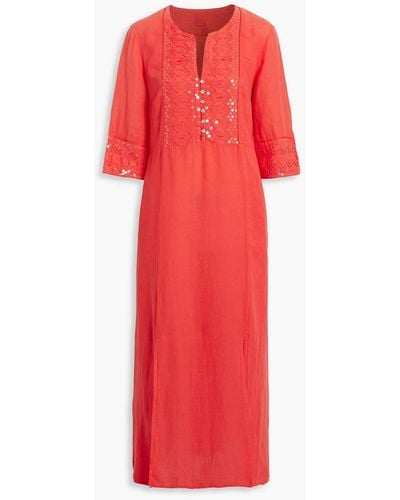 120% Lino Embellished Linen Midi Dress - Red