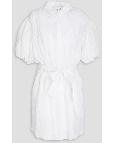 FRAME Crochet Lace-trimmed Ramie Mini Shirt Dress - White