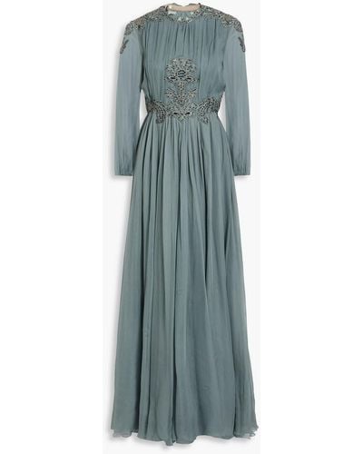 Valentino Gathered Embellished Silk-chiffon Gown - Blue