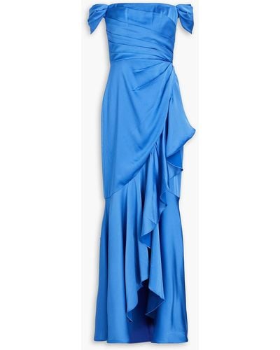 THEIA Bailey Off-the-shoulder Draped Satin Gown - Blue