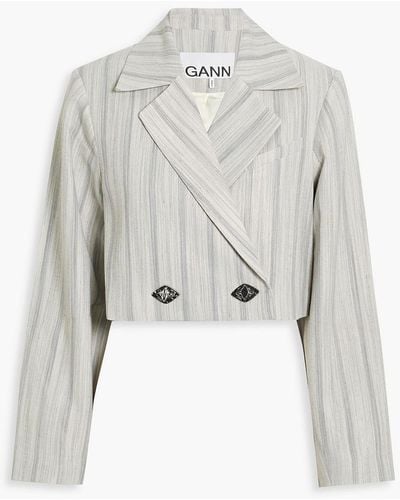 Ganni Double-breasted Cropped Striped Twill Blazer - White