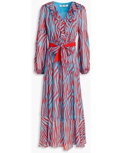 Diane von Furstenberg Jaxson Ruffled Printed Crepe De Chine Midi Dress - Red