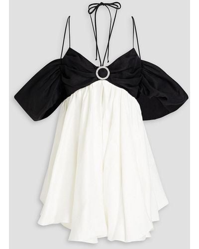 Rasario Cold-shoulder Embellished Two-tone Linen-blend Mini Dress - Black