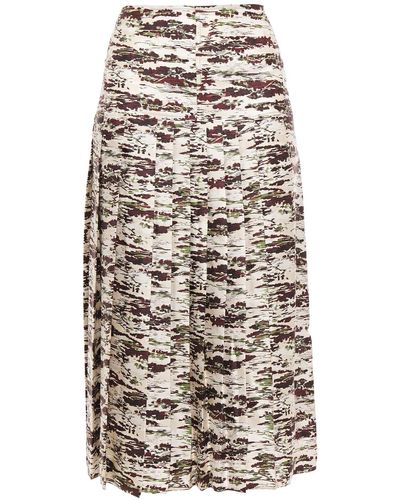Victoria Beckham Pleated Printed Silk-twill Midi Skirt - Natural