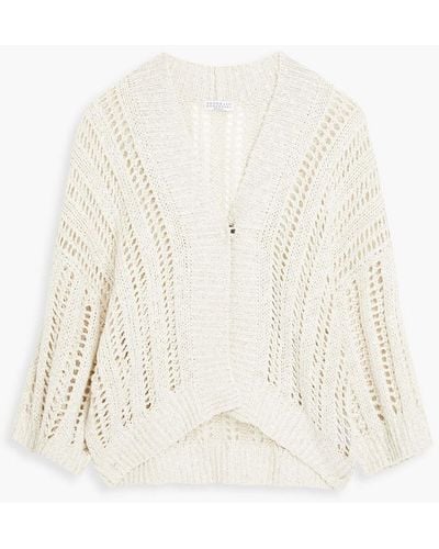 Brunello Cucinelli Embellished Open-knit Linen, Cotton And Silk-blend Cardigan - White