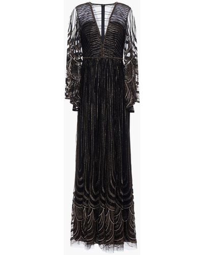 Amanda Wakeley Fringed Embellished Gathered Tulle Maxi Dress - Black