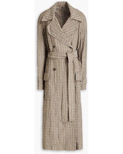 McQ Gingham Crinkled Linen And Cotton-blend Gauze Trench Coat - Natural