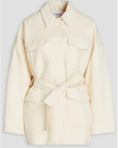 Claudie Pierlot Belted Cotton-blend Tweed And Canvas Jacket - Natural