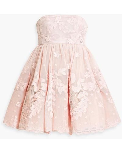 LoveShackFancy Jaylen Strapless Embroidered Cotton-blend Mesh Mini Dress - Pink