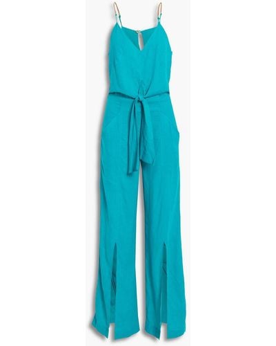 ViX Nora Tie-front Linen-blend Wide-leg Jumpsuit - Blue