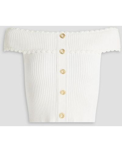 Sandro Off-the-shoulder Cropped Button-embellished Ribbed-knit Top - White