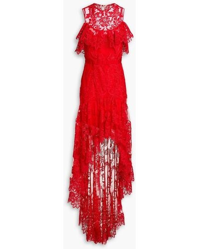 Zuhair Murad Asymmetric Ruffled Lace Gown - Red