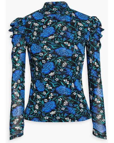 Diane von Furstenberg New Remy Floral-print Mesh Turtleneck Top - Blue