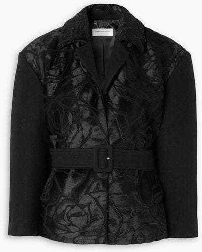 Dries Van Noten Belted Calf Hair-paneled Wool-blend Coat - Black