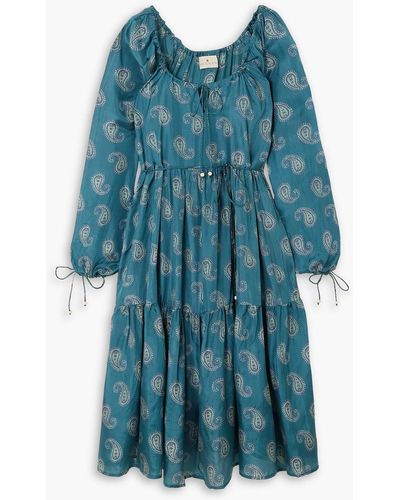 HANNAH Zoey Tie-detailed Tiered Paisley-print Silk-habotai Midi Dress - Blue