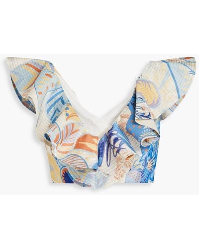 LEO LIN Cropped Ruffled Floral-print Linen And Silk-blend Top - Blue