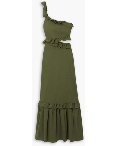 Peony One-shoulder Cutout Ruffled Cotton Dress - Green