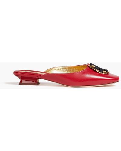 Tory Burch Double T Embellished Leather Slippers - Red