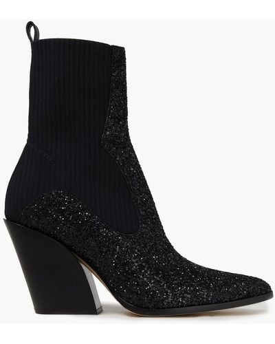Jimmy Choo Mele 85 Leather-trimmed Glittered Stretch-knit Ankle Boots - Black