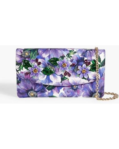 Dolce & Gabbana Embellished Floral-print Pebbled-leather Clutch - Blue
