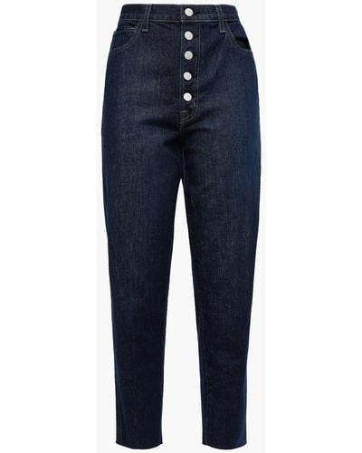 J Brand Heather Cropped Frayed High-rise Tapered Jeans Dark Denim - Blue