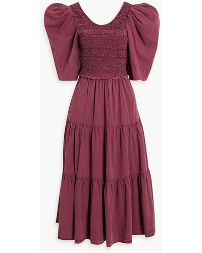 Sea Simona Bow-detailed Smocked Cotton Midi Dress - Purple