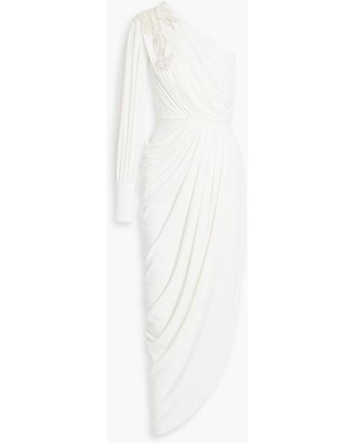 Rhea Costa One-shoulder Embellished Draped Cady Gown - White