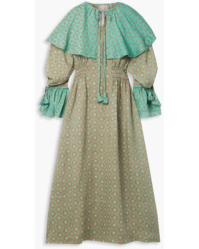 Yvonne S Ruffled Printed Linen Maxi Dress - Green