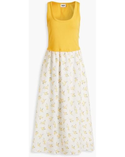 Claudie Pierlot Cotton-jersey Panelled Floral-print Slub Woven Midi Dress - Yellow