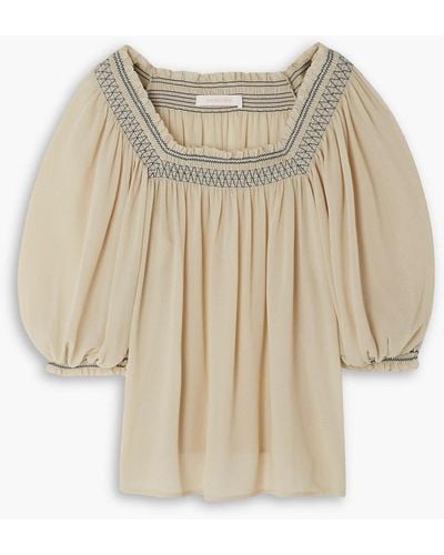 See By Chloé Embroidered Smocked Georgette Blouse - Natural