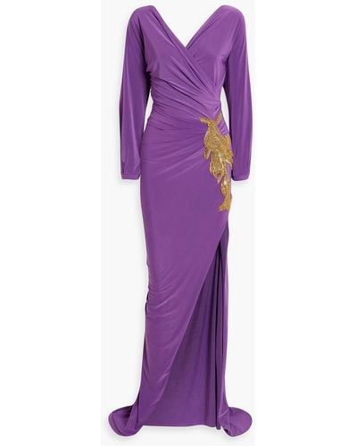 Rhea Costa Wrap-effect Embellished Satin-jersey Gown - Purple