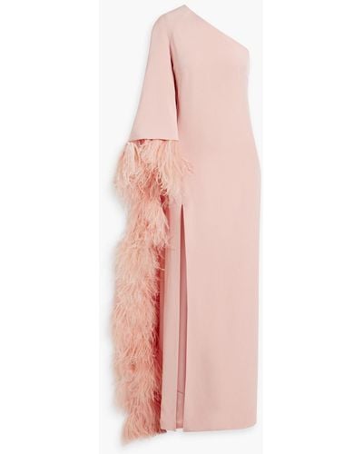 Monique Lhuillier One-sleeve Feather-embellished Crepe Gown - Pink