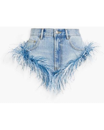 Area Feather-embellished Denim Shorts - Blue