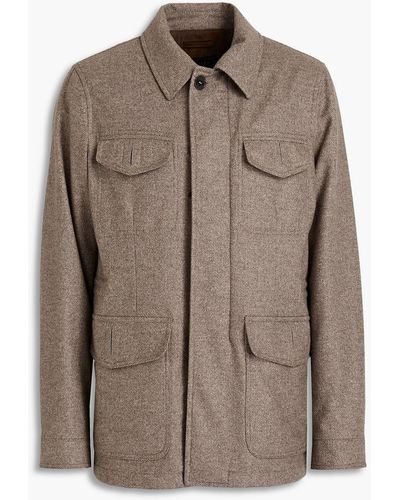 Canali Leather-trimmed Cashmere-tweed Coat - Natural
