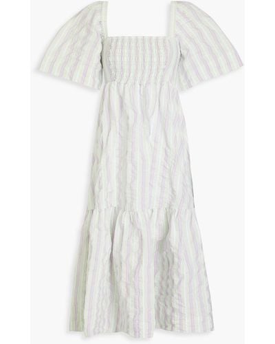 Ganni Striped Cotton-blend Seersucker Midi Dress - White