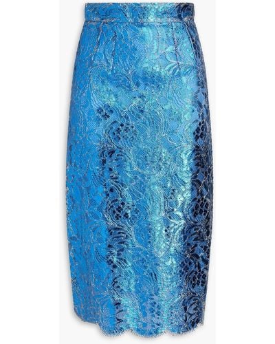 Dolce & Gabbana Metallic Coated Corded Lace Midi Pencil Skirt - Blue