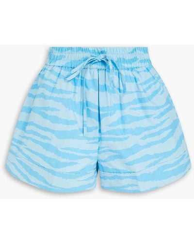 Ganni Zebra-print Cotton-poplin Shorts - Blue