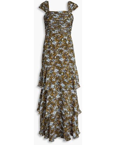 Mikael Aghal Tiered Printed Crepe De Chine Maxi Dress - Blue