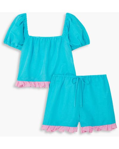 Dora Larsen Sienna Ruffed Linen And Cotton-blend Pajama Set - Blue