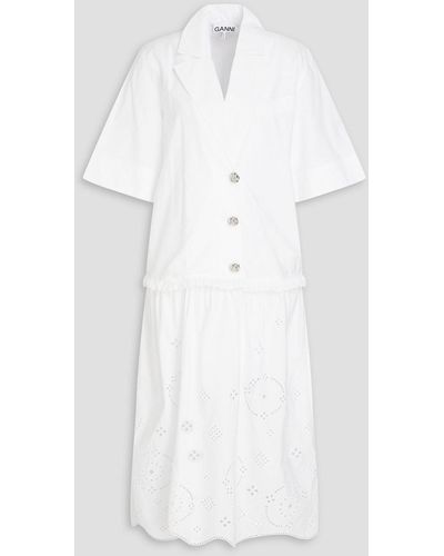 Ganni Broderie Anglaise-paneled Cotton-poplin Midi Shirt Dress - White