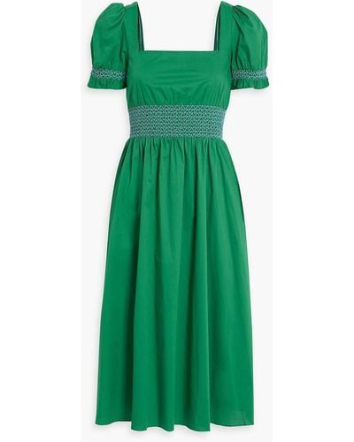 HVN Holland Smocked Cotton-blend Poplin Dress - Green