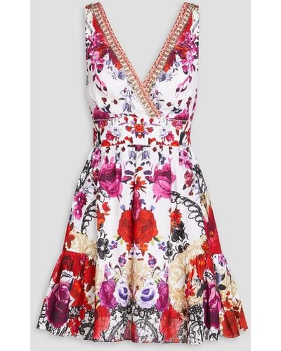 Camilla Crystal-embellished Floral-print Linen Mini Dress - Red