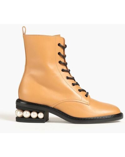 Nicholas Kirkwood Casati Faux Pearl-embellished Leather Combat Boots - Brown