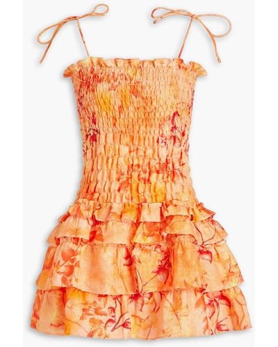 Bambah Shirred Ruffled Floral-print Linen Mini Dress - Orange