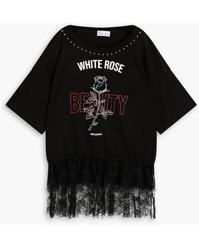 RED Valentino Lace-paneled Studded Printed Cotton-jersey T-shirt - Black