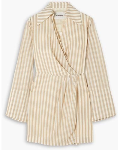 Nanushka Esma Cutout Striped Cotton And Linen-blend Mini Wrap Dress - Natural