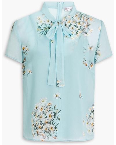 RED Valentino Pussy-bow Floral-print Crepe De Chine Blouse - Blue