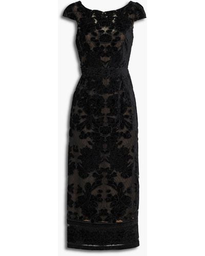 Marchesa Embroidered Lace-appliquéd Stretch-tulle Midi Dress - Black
