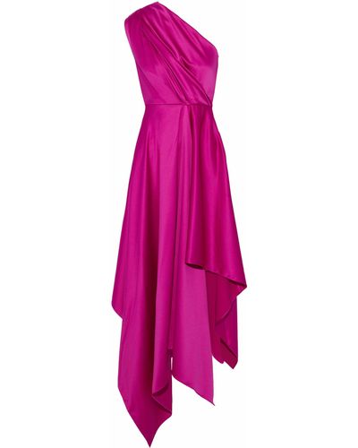 Solace London Marine One-shoulder Asymmetric Satin Midi Dress Magenta - Pink